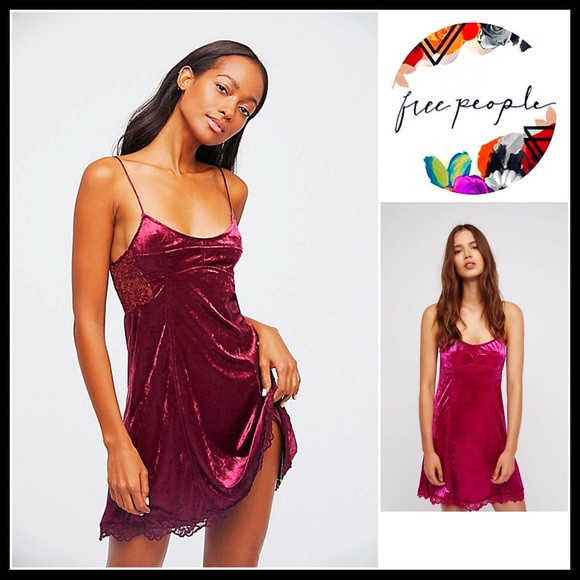Free People Dresses & Skirts - FREE PEOPLE LACE TRIM VELVET SLIP COCKTAIL DRESS